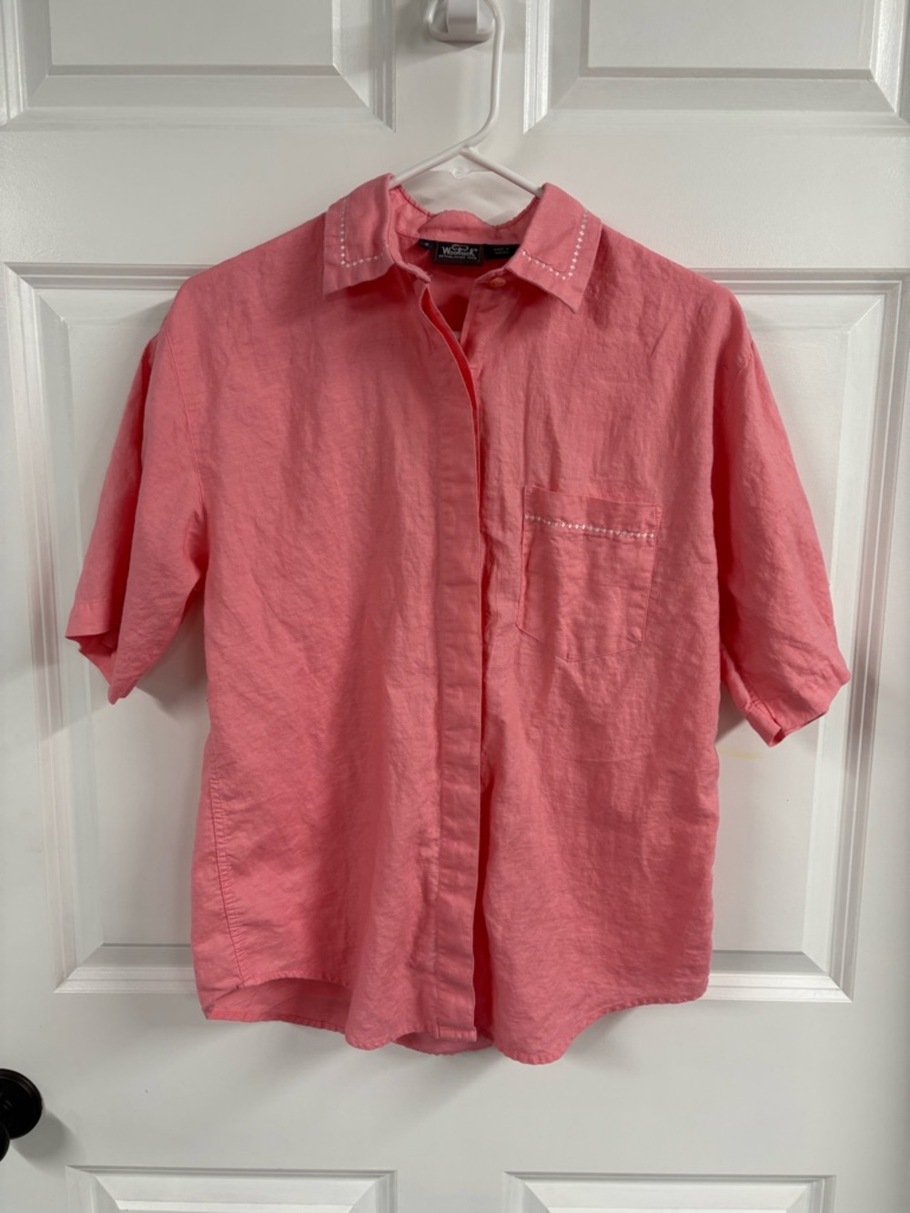 Woolrich Women’s Light Coral Button Up Short Sleeve Linen/Cotton Shirt Size S